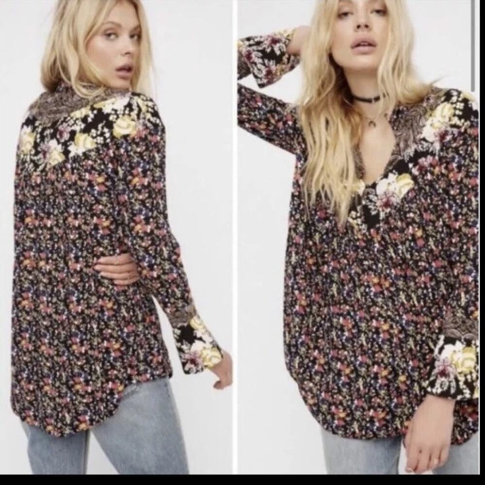 Free People Wildflower Fields Henley Boho Mixed Print Floral Hippie Festival M